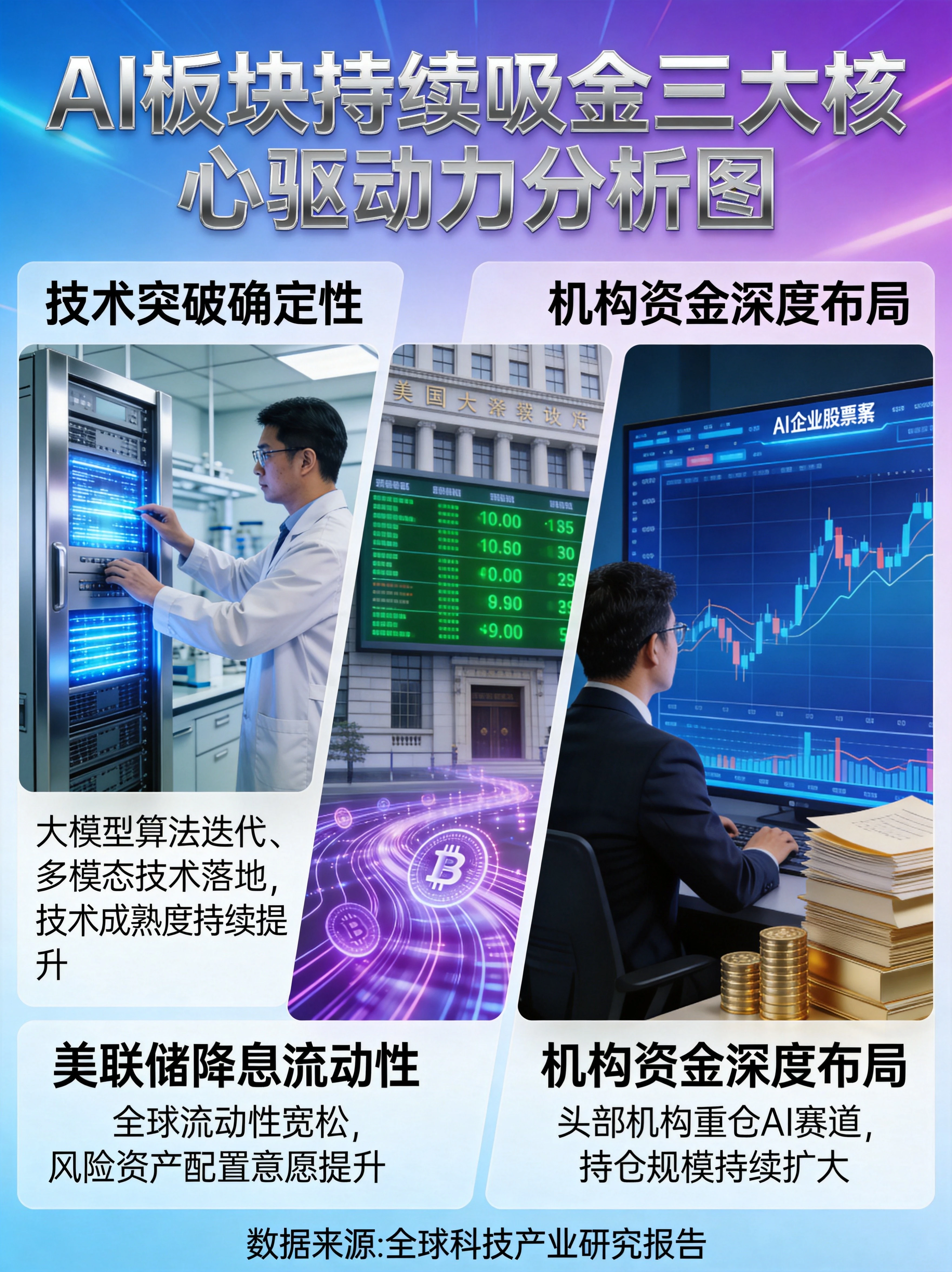 AI板块持续吸金三大核心驱动力分析图,技术突破确定性、美联储降息流动性、机构资金深度布局三大维度 AI板块持续吸金三大核心驱动力分析图,技术突破确定性、美联储降息流动性、机构资金深度布局三大维度